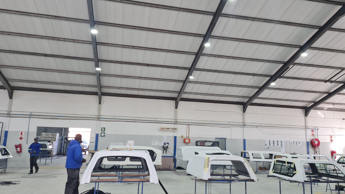 Canopy assembly floor at Beekman Canopies under LED high bay lighting